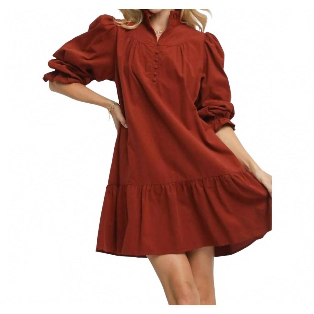 NEW BNS corduroy ruffle puff sleeve tiered dress in rust